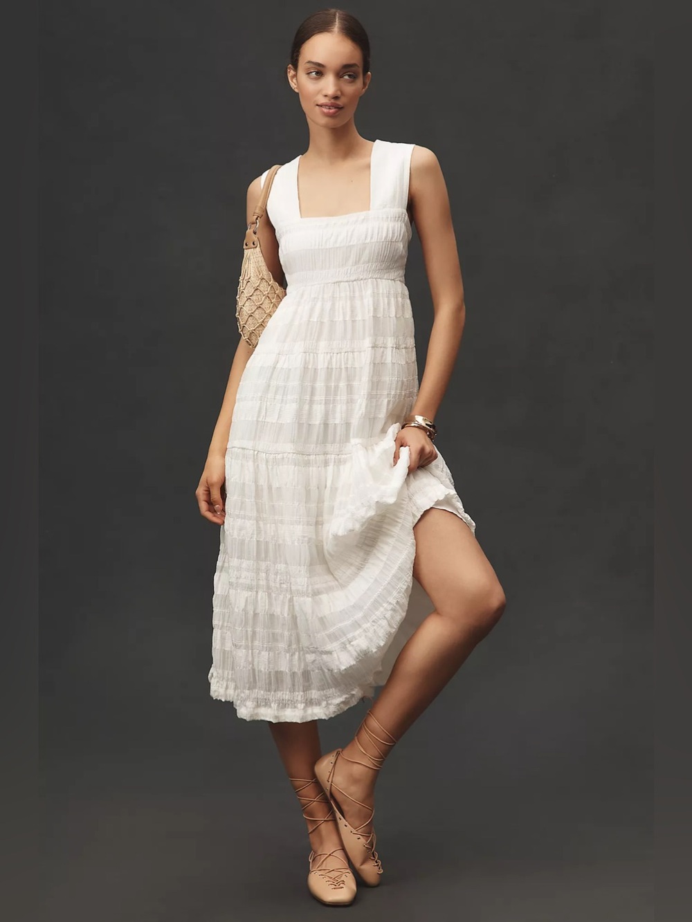 Anthropologie White Helena Tiered Square-Neck Midi Dress - Size Small